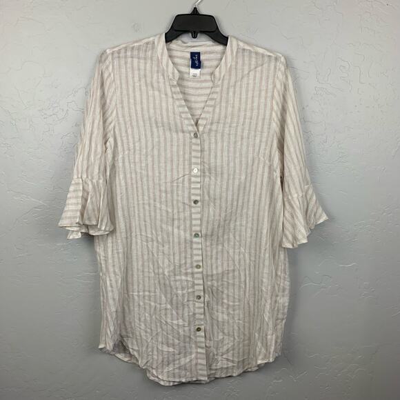 Swimsuits For All Cover Up Linen Blend White Tan Stripe Sandra Plus Size 14/16 - Picture 2 of 11